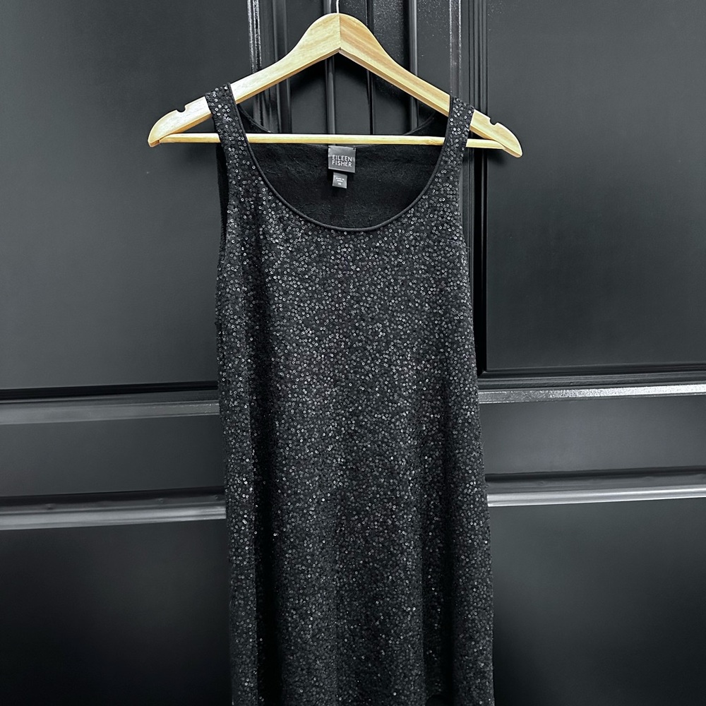 Eileen Fisher Black Sequin tunic tank mini dress. Size XS.
